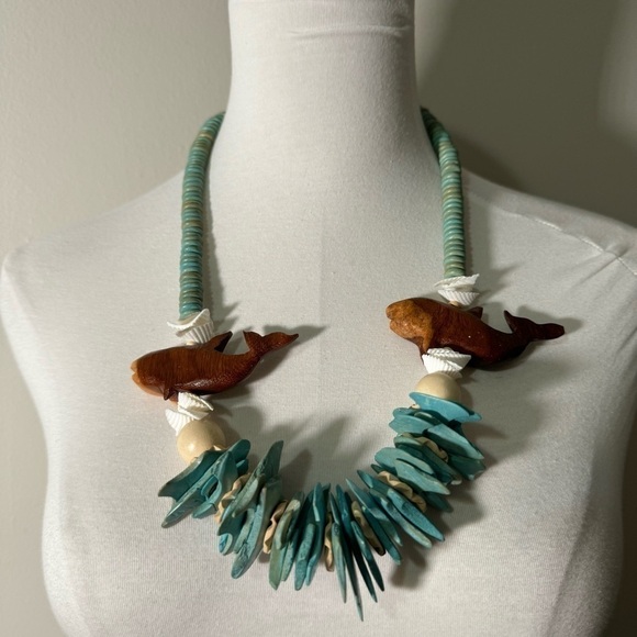 Vintage Tropical Necklace Turquoise Wood Like Beads  western nautical boho - Picture 2 of 5